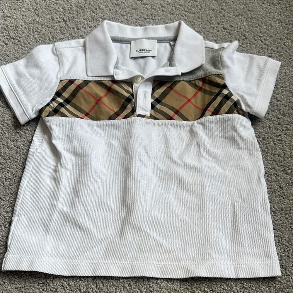 Burberry Kids White and Tan Checkered Polo Shirt